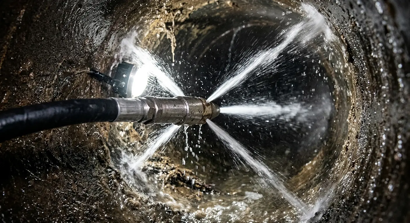 High-pressure hydro jetting nozzle cleaning sewer pipe for Trenchless Sewer Repair in Plainville