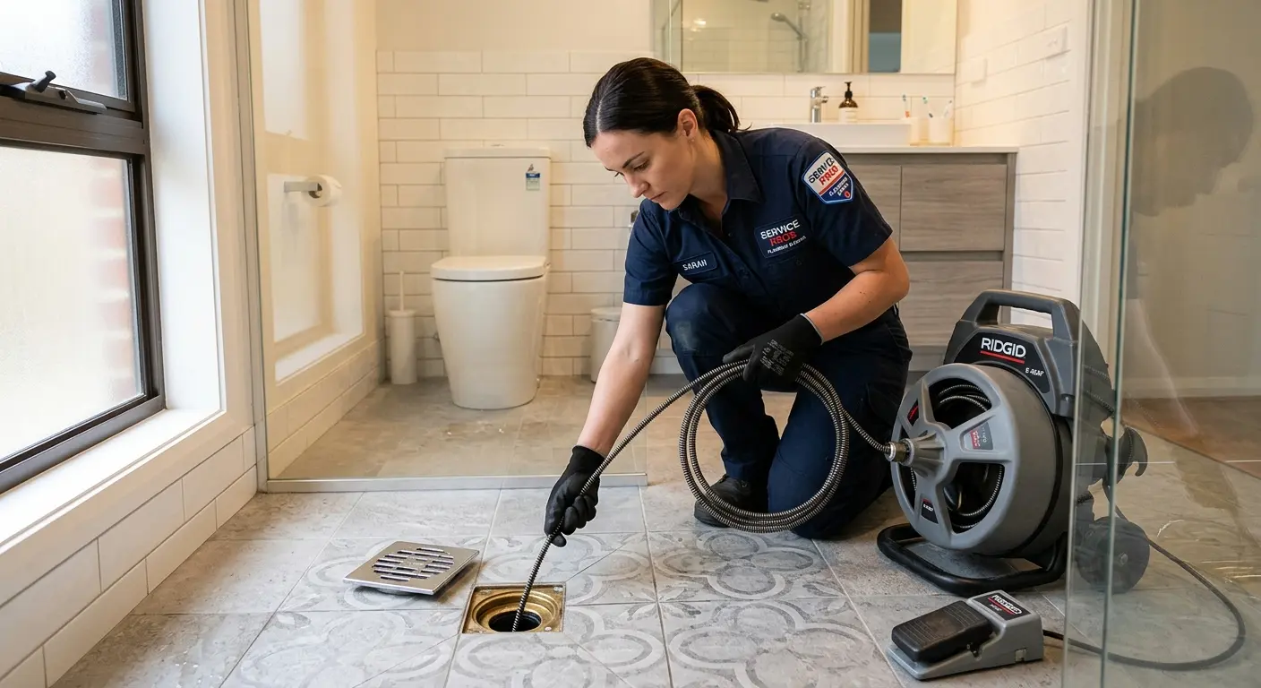 Technician clearing a bathroom floor drain for Sewer Line Installation in Plainville